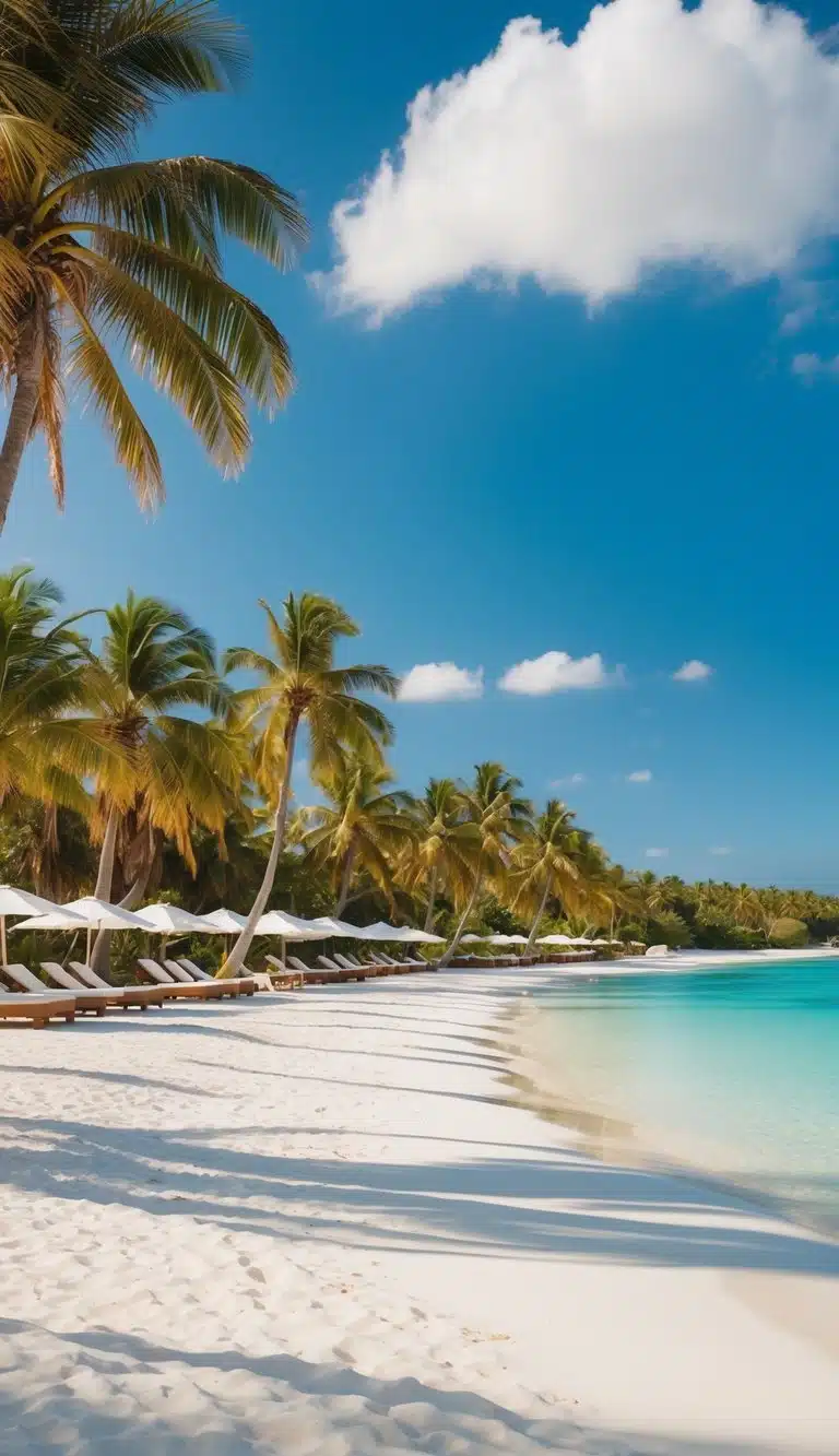 A serene beachfront resort with palm trees, white sand, and crystal-clear waters