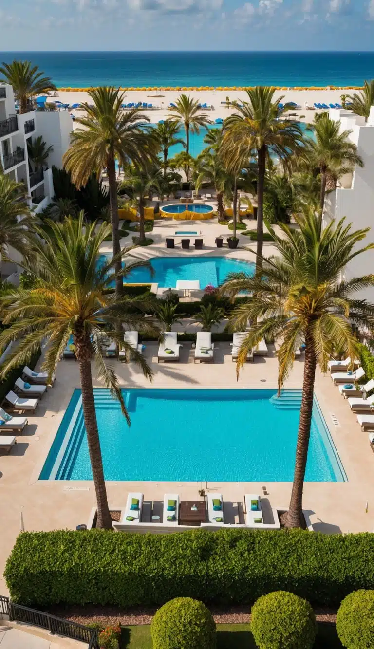 Aerial view of The Capri at Siesta 7 resort with palm trees, pool, and beachfront