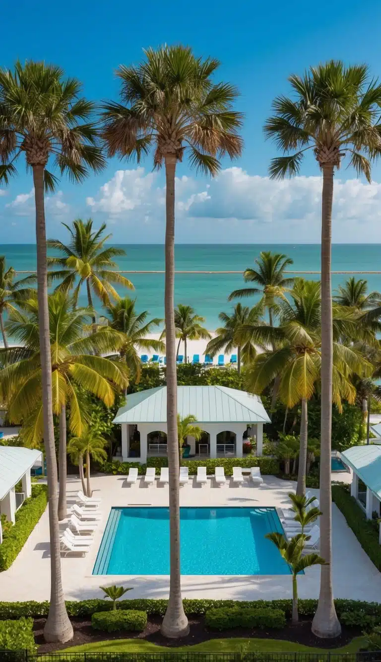 Aerial view of Siesta Key Palms Resort with lush palm trees, sparkling pool, and beachfront location