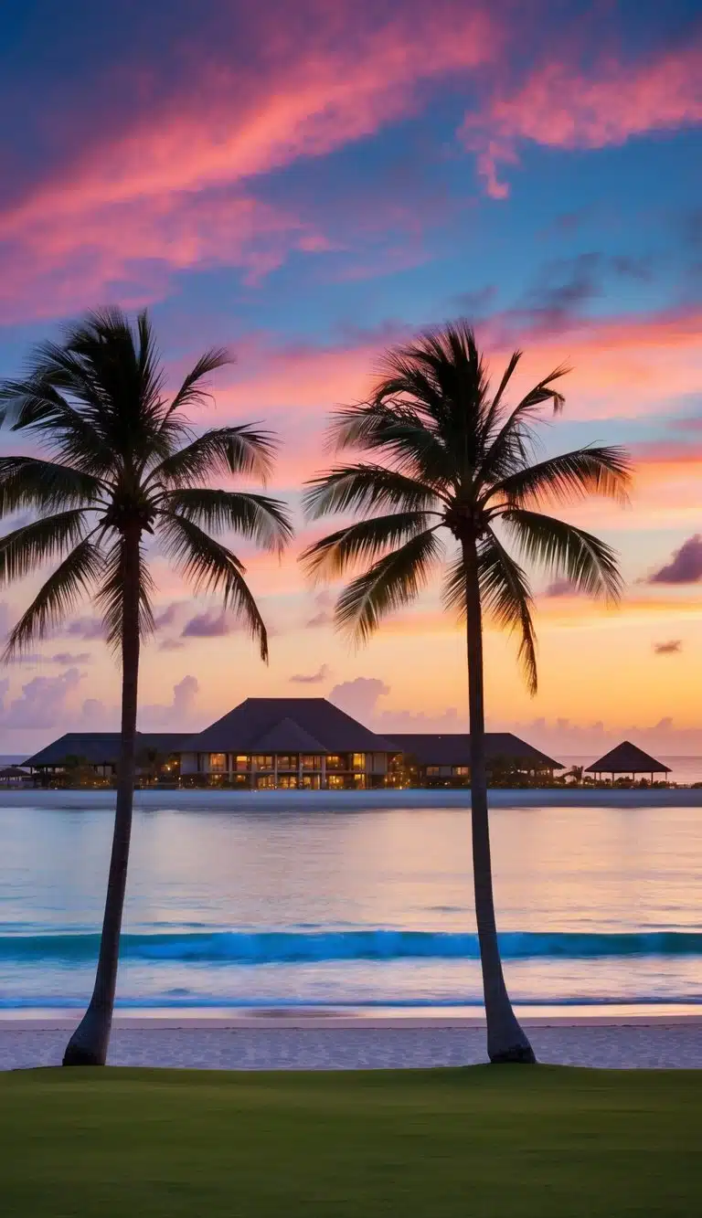 A vibrant sunset over a pristine beach with twin palms and a luxurious resort in the background