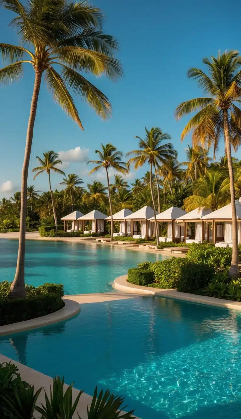 A luxurious resort nestled among palm trees and overlooking crystal-clear waters. Sparkling pool, lush gardens, and beachfront cabanas offer ultimate relaxation