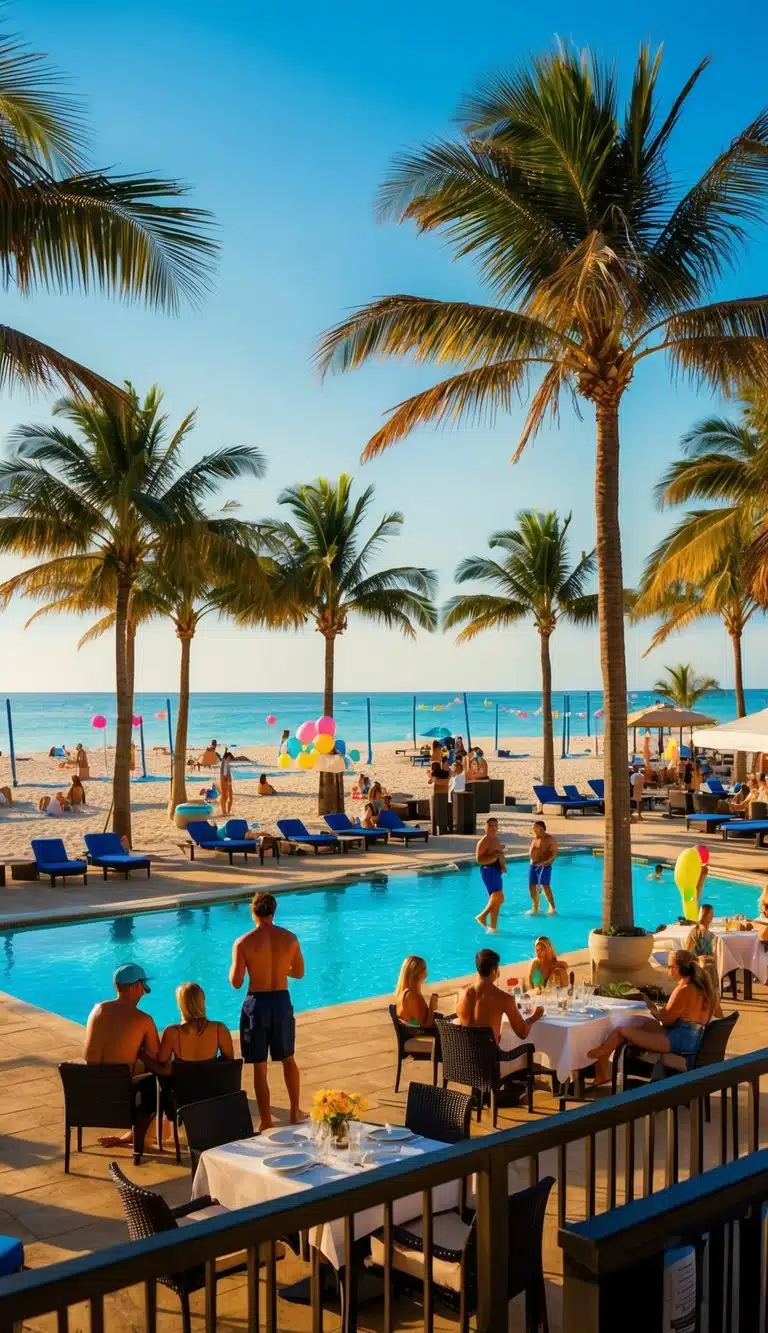 A vibrant resort scene with a pool, beach, palm trees, and outdoor dining. Sunbathers relax while others play beach volleyball and enjoy live music