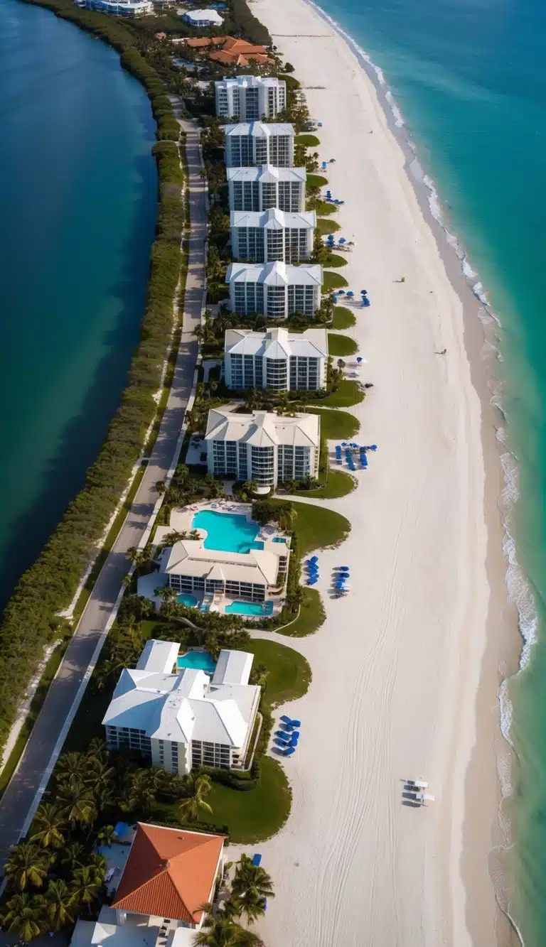 Aerial view of 7 luxury resorts nestled along the white sandy beaches of Siesta Key, each with its own unique architecture and lush tropical landscaping