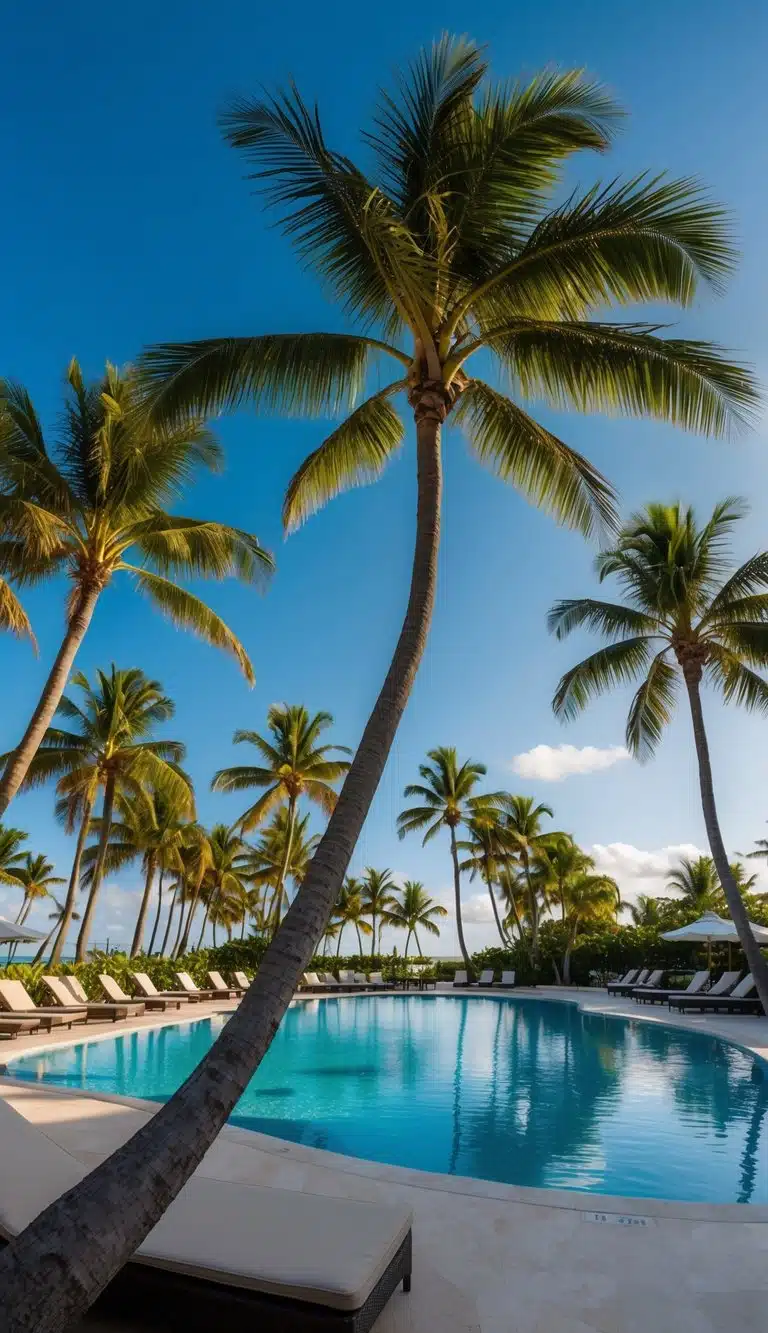 Palm trees sway in the breeze at Tropical Breeze Resort Siesta Key, with a clear blue sky and a sparkling pool