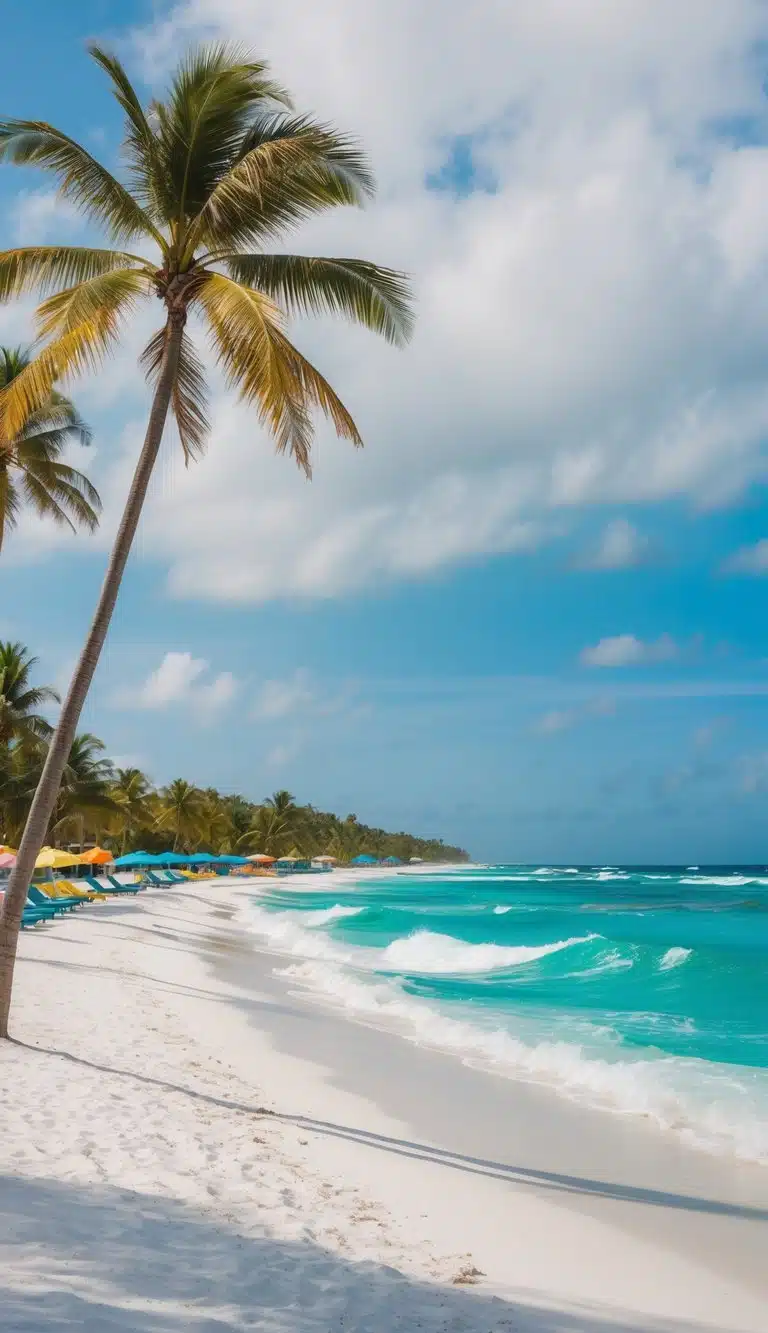 Palm trees sway on white sandy beach, turquoise waves crash against the shore, colorful umbrellas dot the coastline at Tropical Breeze Resort, Siesta Key