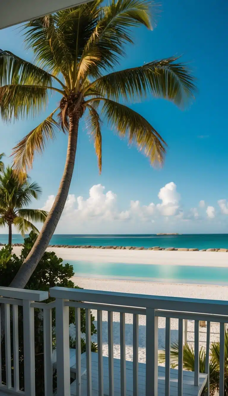 A private studio overlooks a tropical beach at Siesta Key, with palm trees swaying in the breeze and a clear view of the island
