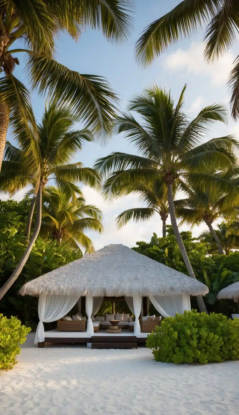 A luxurious cabana sits on a white sandy beach, surrounded by lush tropical greenery. The gentle breeze rustles the palm trees, creating a serene and relaxing atmosphere at the Siesta Key resort