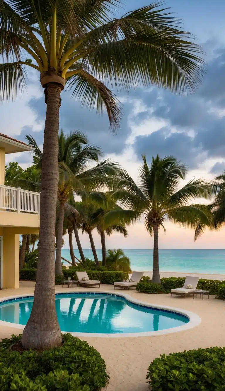 A cozy oasis suite with palm trees, pool, and a sandy beach at the tropical breeze resort on Siesta Key