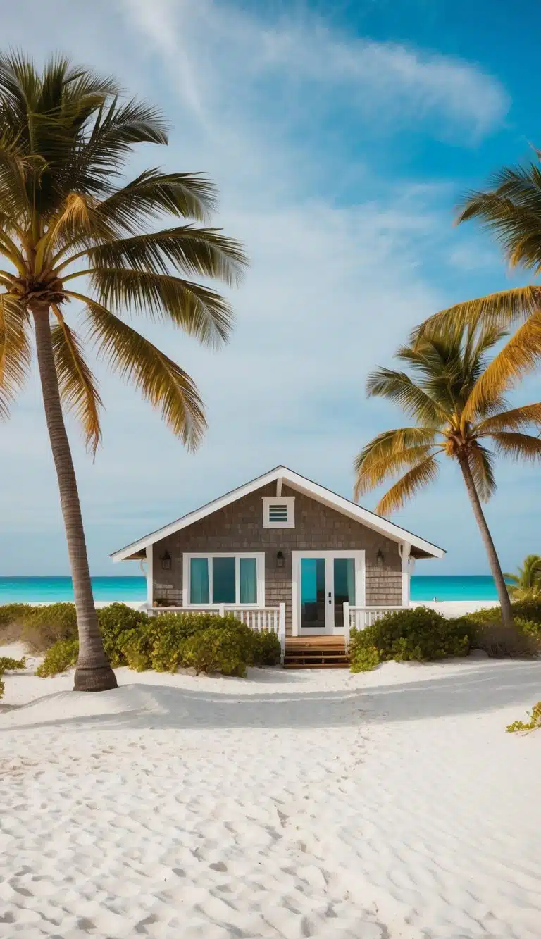 A cozy cottage nestled among palm trees on a white sandy beach with the turquoise ocean in the background