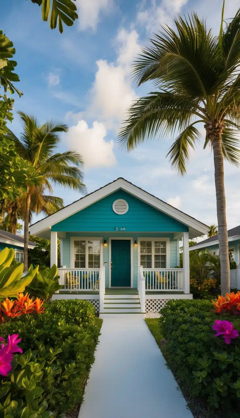 A pet-friendly bungalow nestled in a tropical breeze resort on Siesta Key, surrounded by lush greenery and vibrant flowers