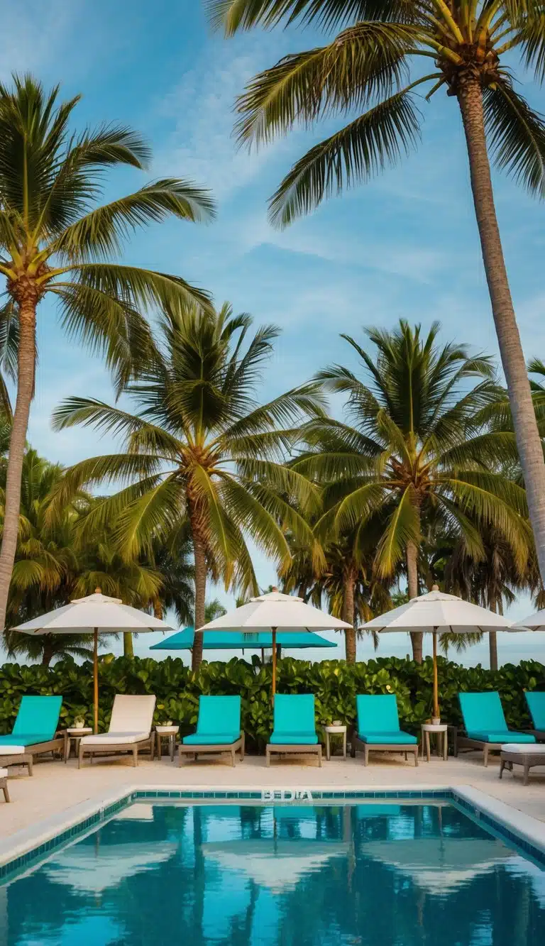 A serene poolside scene at Tropical Breeze Resort, Siesta Key, with lush palm trees, lounge chairs, and a clear blue pool
