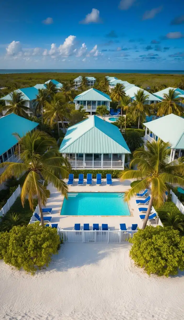 Aerial view of Tropical Breeze Resort on Siesta Key, with palm trees, pool, and beachfront cottages