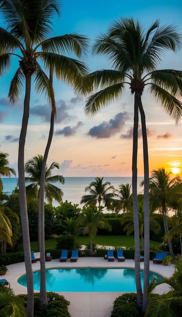 Palm trees sway in the gentle breeze at Tropical Breeze Resort, Siesta Key. The sun sets over a tranquil pool surrounded by lush greenery
