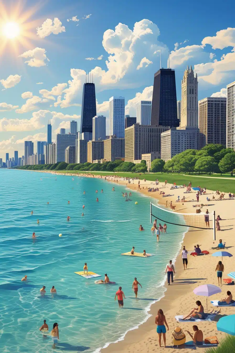 A scenic depiction of Chicago's stunning lakefront beaches featuring clear blue water, sandy shores, vibrant people enjoying sunbathing, volleyball, and families picnicking. The iconic Chicago skyline is visible in the background with fluffy clouds and bright sunshine