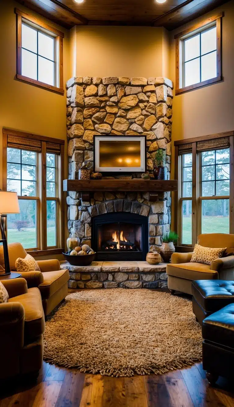 A cozy living room with a stone fireplace, surrounded by comfortable seating and warm, earthy tones. Windows let in natural light, and a plush rug ties the room together