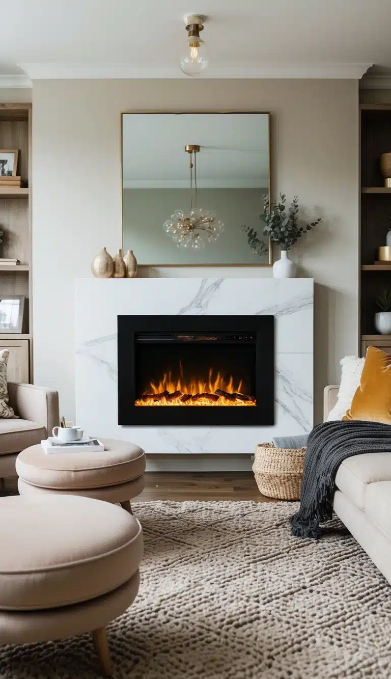 A cozy living room with a modern electric fireplace as the focal point, surrounded by comfortable seating and stylish decor