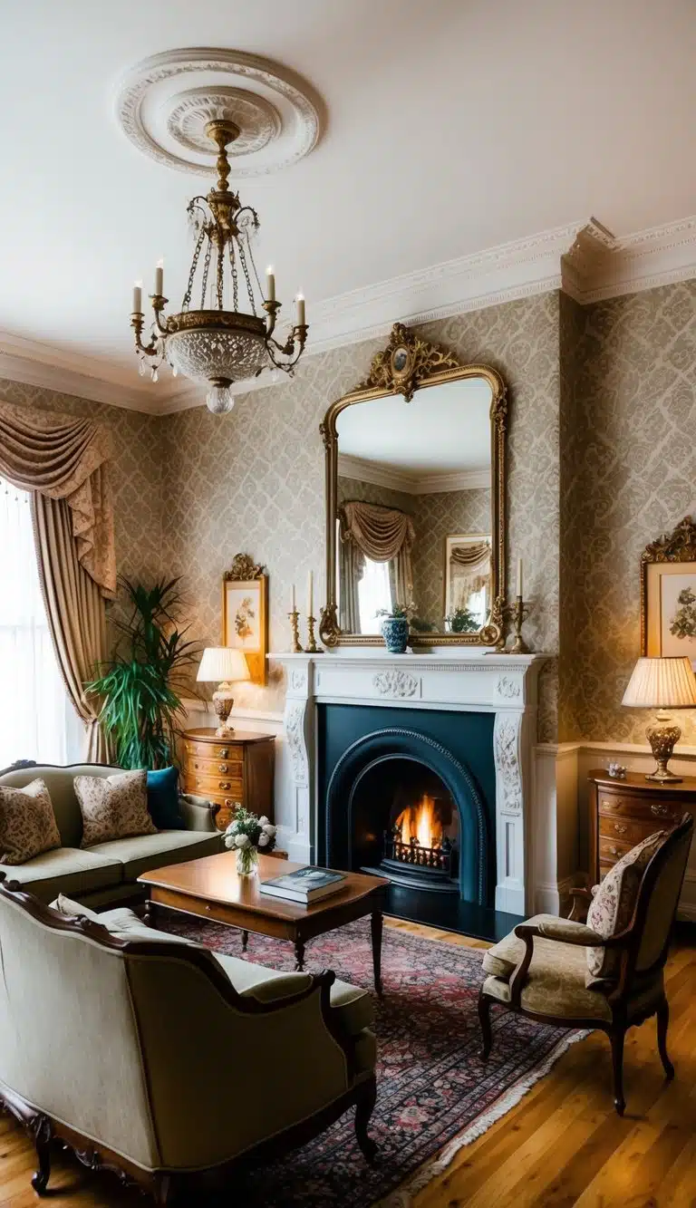 A cozy Victorian living room with a grand fireplace, ornate furniture, and intricate wallpaper