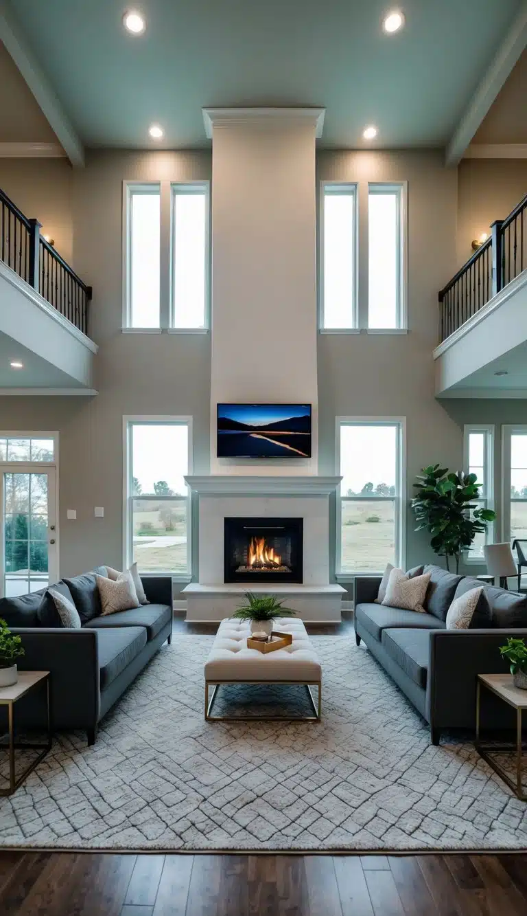 A spacious 2-story living room with a grand fireplace as the focal point. Large windows let in natural light, and modern furniture complements the design