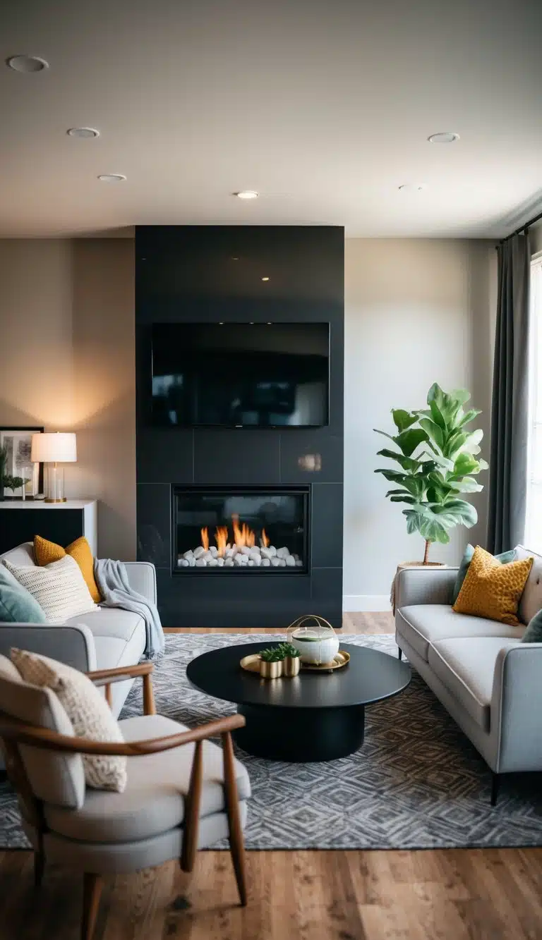 A modern living room with a sleek black fireplace as the focal point, featuring stylish and cozy design elements