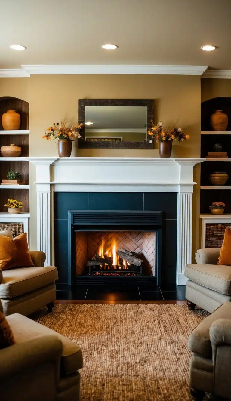 A cozy living room with a traditional wood-burning fireplace as the focal point, surrounded by comfortable seating and warm, earthy decor