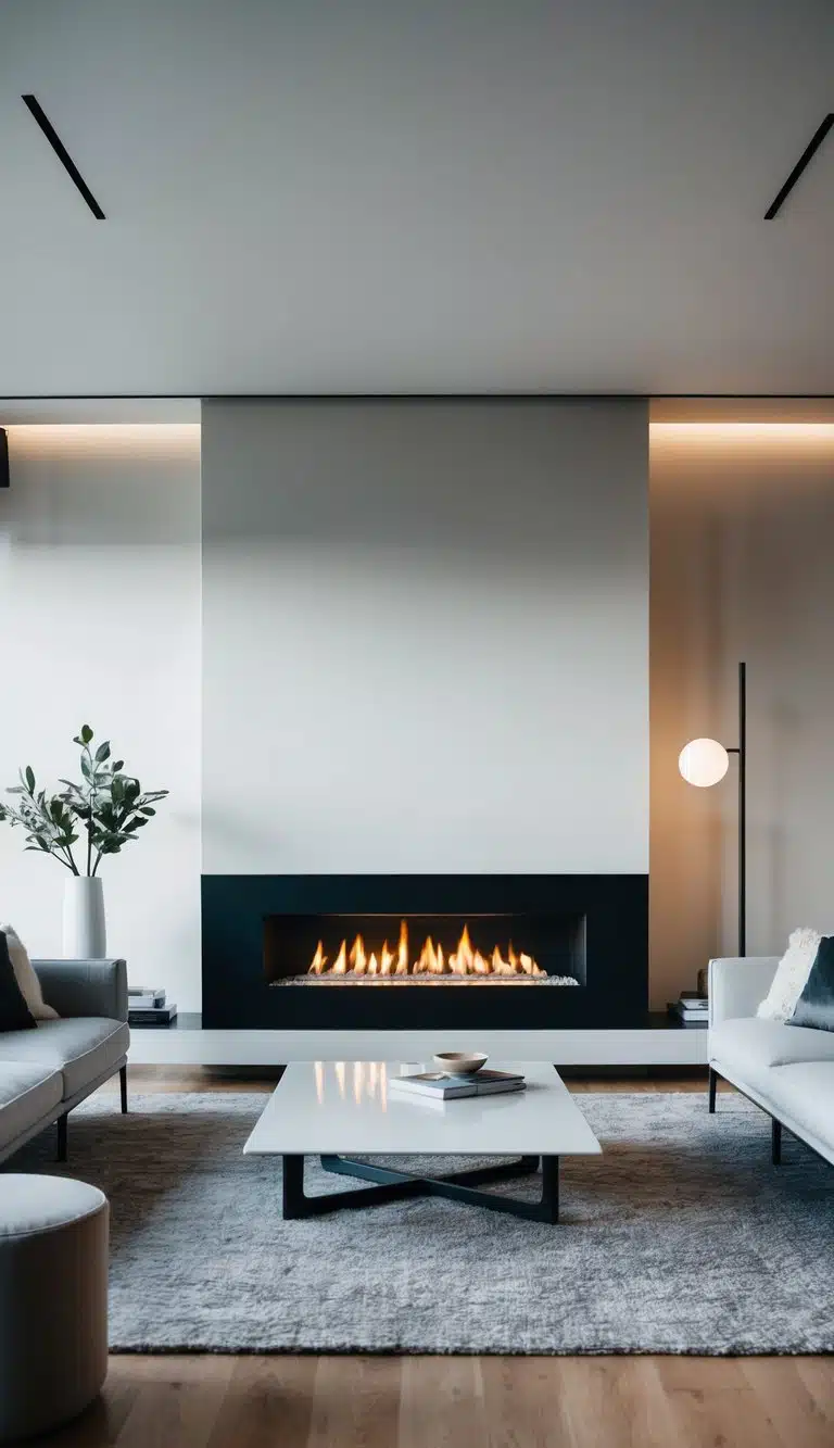 A modern living room with a sleek gas fireplace as the focal point, surrounded by minimalist furniture and clean lines