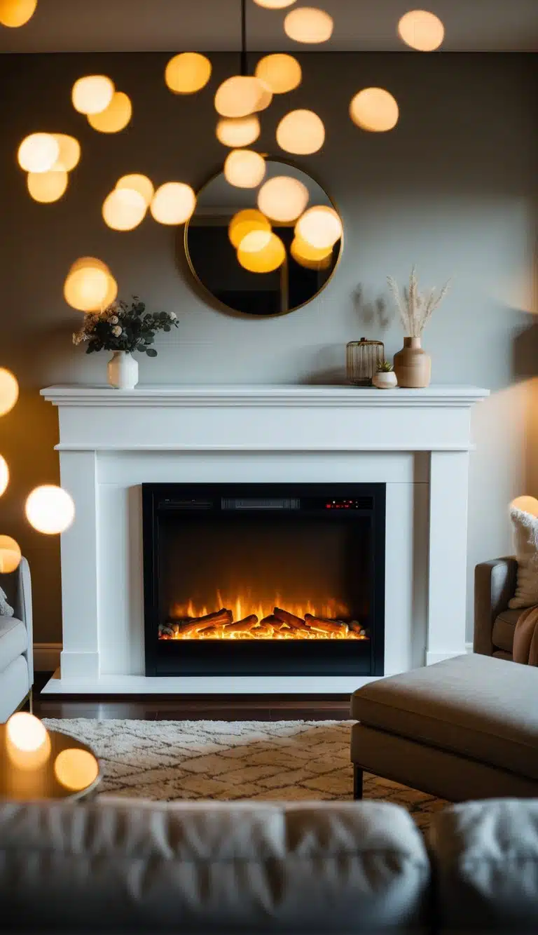 A cozy living room with a modern electric fireplace as the focal point, surrounded by comfortable furniture and warm lighting