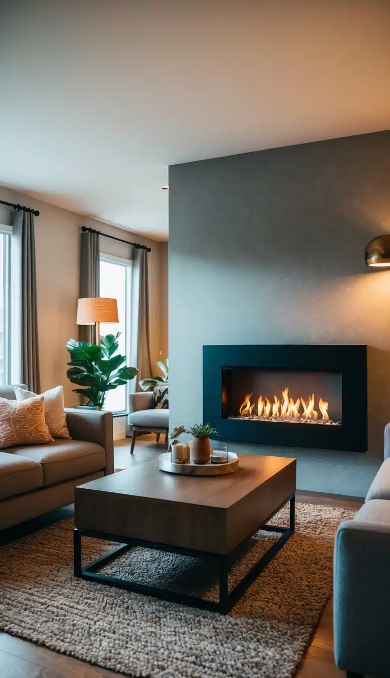 A cozy living room with a modern ethanol fireplace as the focal point. Comfortable seating, warm lighting, and stylish decor complete the inviting atmosphere