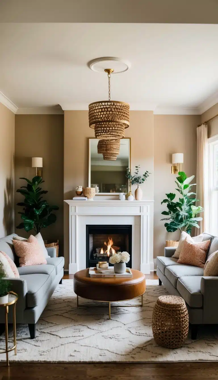 A cozy living room with a central fireplace, surrounded by stylish furniture and decor, creating a warm and inviting atmosphere for entertaining and relaxation