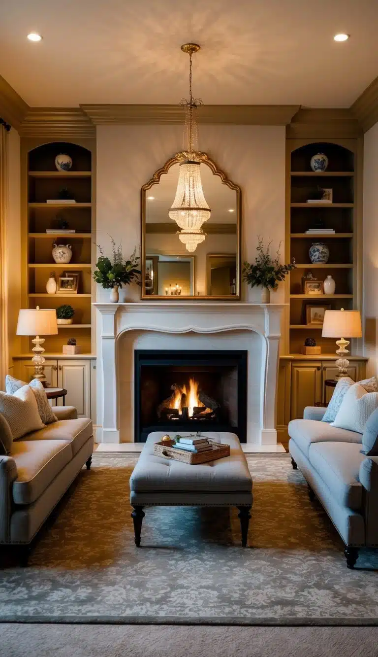 A cozy living room with a grand fireplace as the central focus, surrounded by comfortable seating, warm lighting, and elegant decor