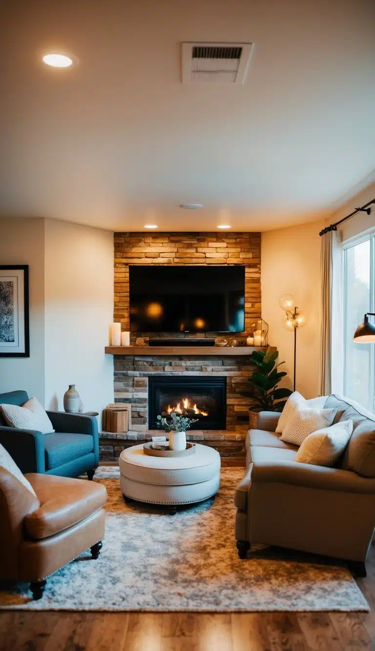 A cozy living room with a corner fireplace, surrounded by comfortable seating and warm lighting