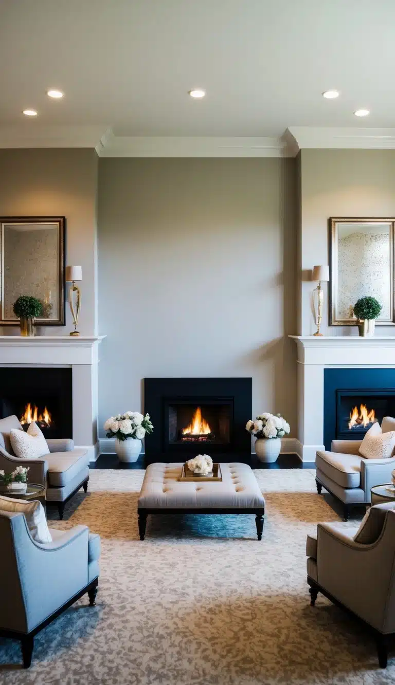 A spacious living room with a central wall dividing two fireplaces, each surrounded by cozy seating areas and elegant decor