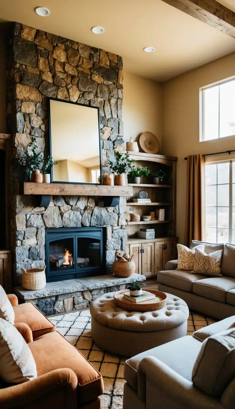 A cozy living room with a rustic stone fireplace surrounded by plush furniture and warm earthy tones