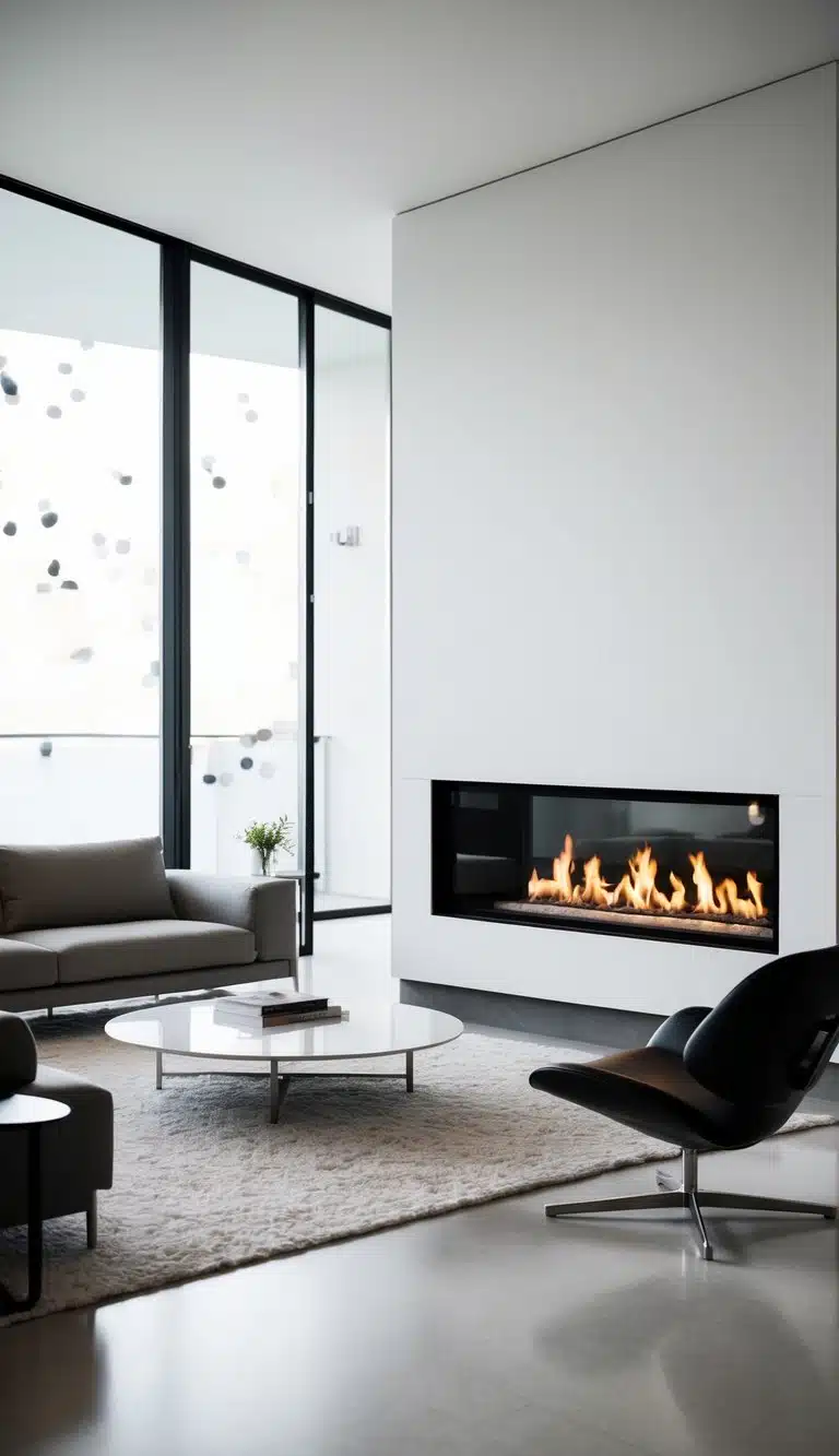A sleek, white fireplace anchors a minimalist living room with modern furnishings and clean lines