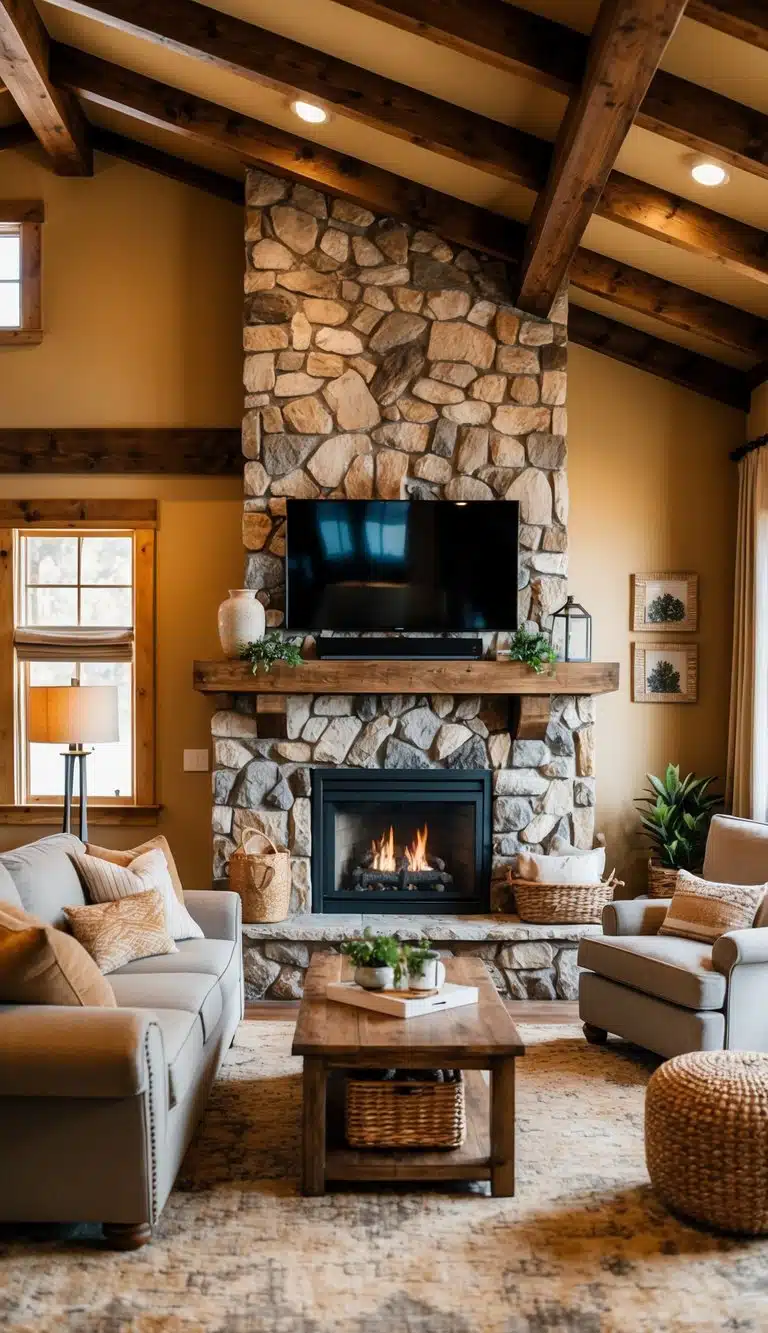 A cozy living room with a stone fireplace, wooden beams, and rustic furniture. Warm lighting and earthy tones create a welcoming atmosphere
