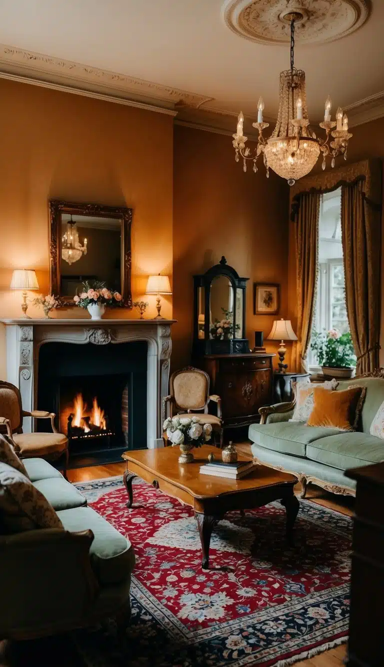 A cozy vintage living room with a fireplace, ornate rug, and antique furniture. Warm lighting and classic decor create a nostalgic atmosphere