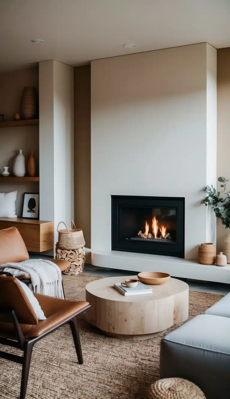 A cozy living room with a sleek fireplace, adorned with modern furniture and earthy tones, featuring natural materials and minimalist aesthetics
