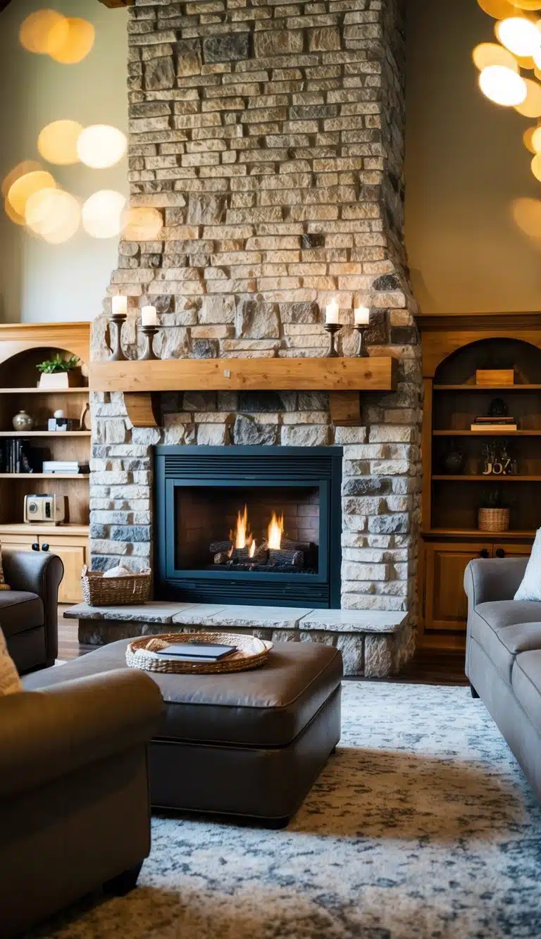 A cozy living room with a stone fireplace, surrounded by brick walls. Comfortable seating and warm lighting complete the inviting atmosphere