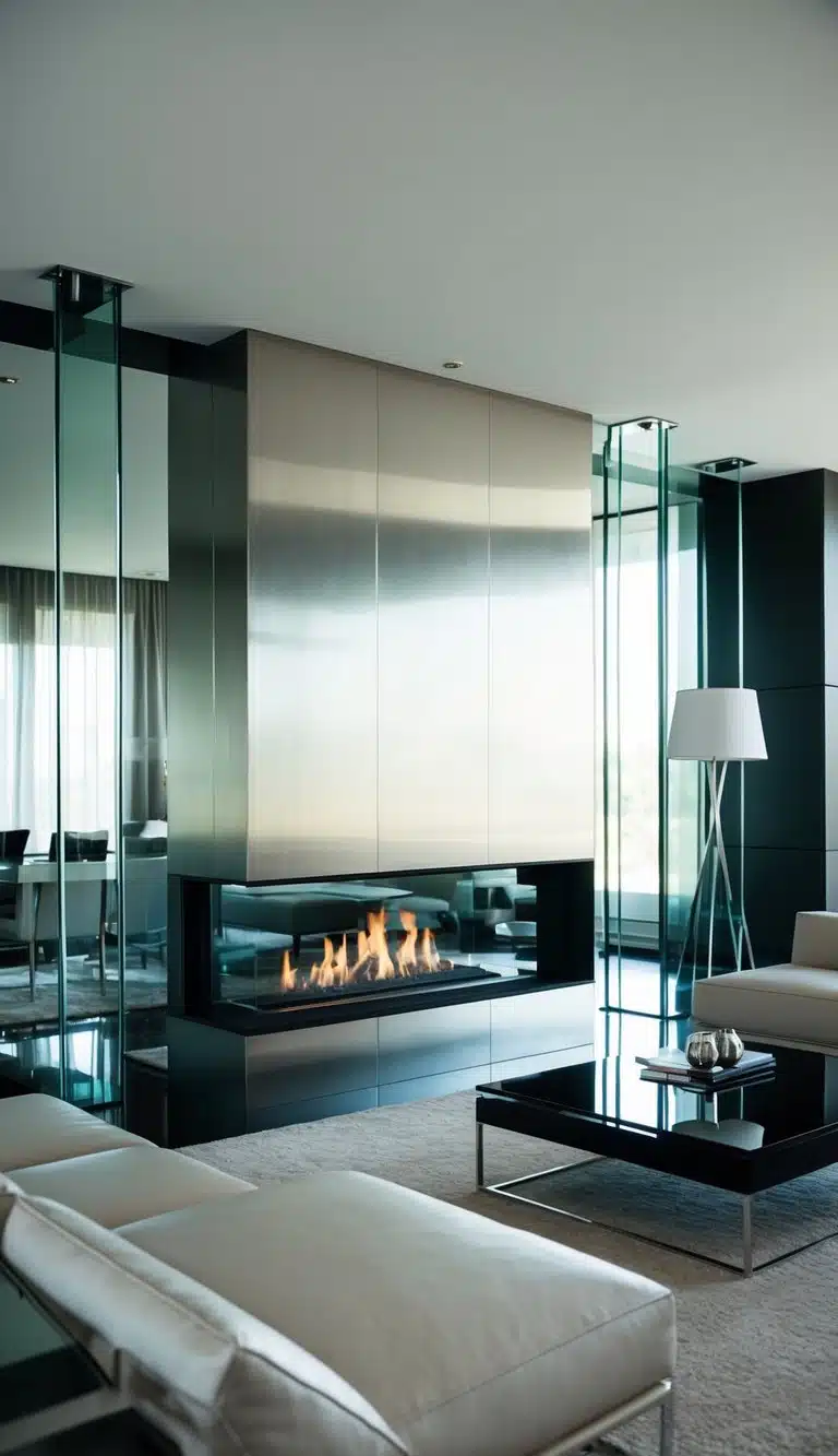 A sleek, modern living room with metallic and glass finishes. A fireplace serves as the focal point, surrounded by minimalist furniture and contemporary decor