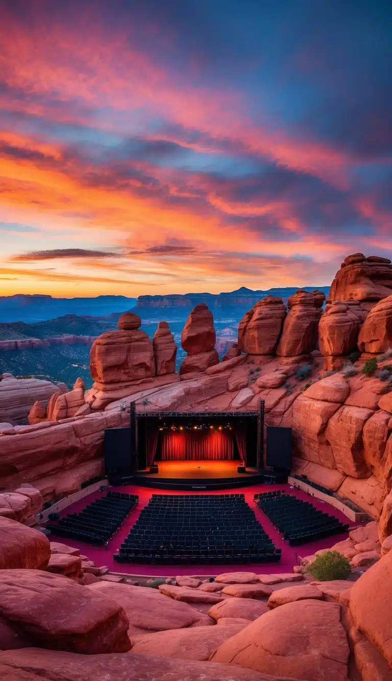 A vibrant sunset illuminates the iconic red sandstone formations of Red Rocks Amphitheatre, with the stage and seating area nestled within the natural rock formations