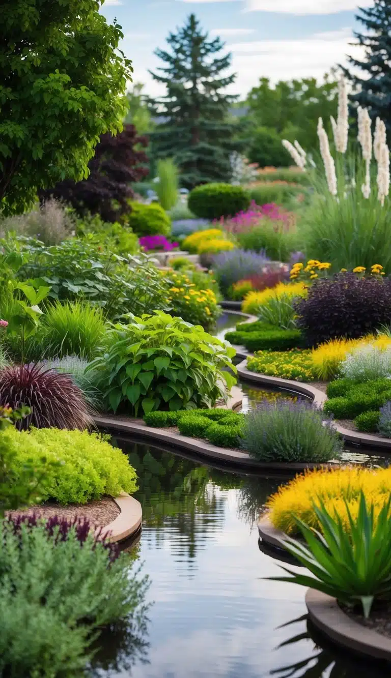Lush gardens with diverse plant species, winding pathways, and serene water features at Denver Botanic Gardens in Colorado