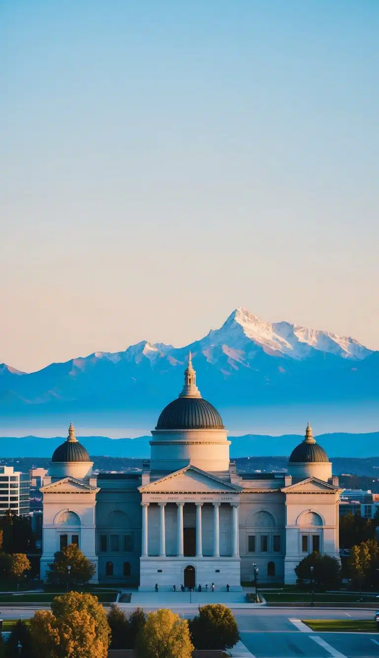 The Denver Art Museum's iconic architecture stands against a backdrop of the Rocky Mountains under a clear blue sky