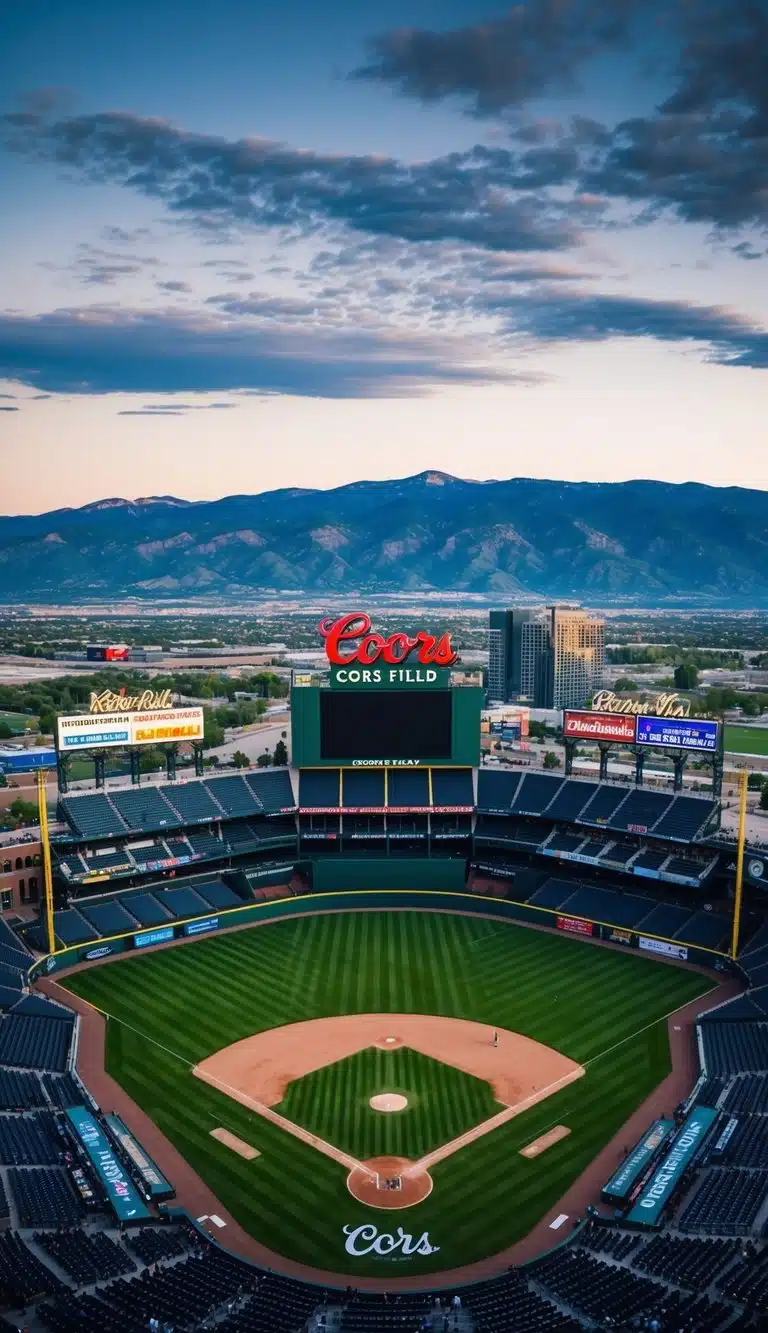 A panoramic view of Coors Field with the Rocky Mountains in the background, showcasing the stadium's top attractions in Denver, Colorado