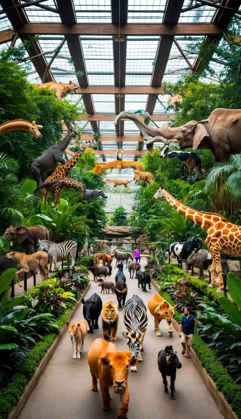 A colorful array of exotic animals roam within the lush, expansive enclosures of the Denver Zoo, captivating visitors with their beauty and unique behaviors