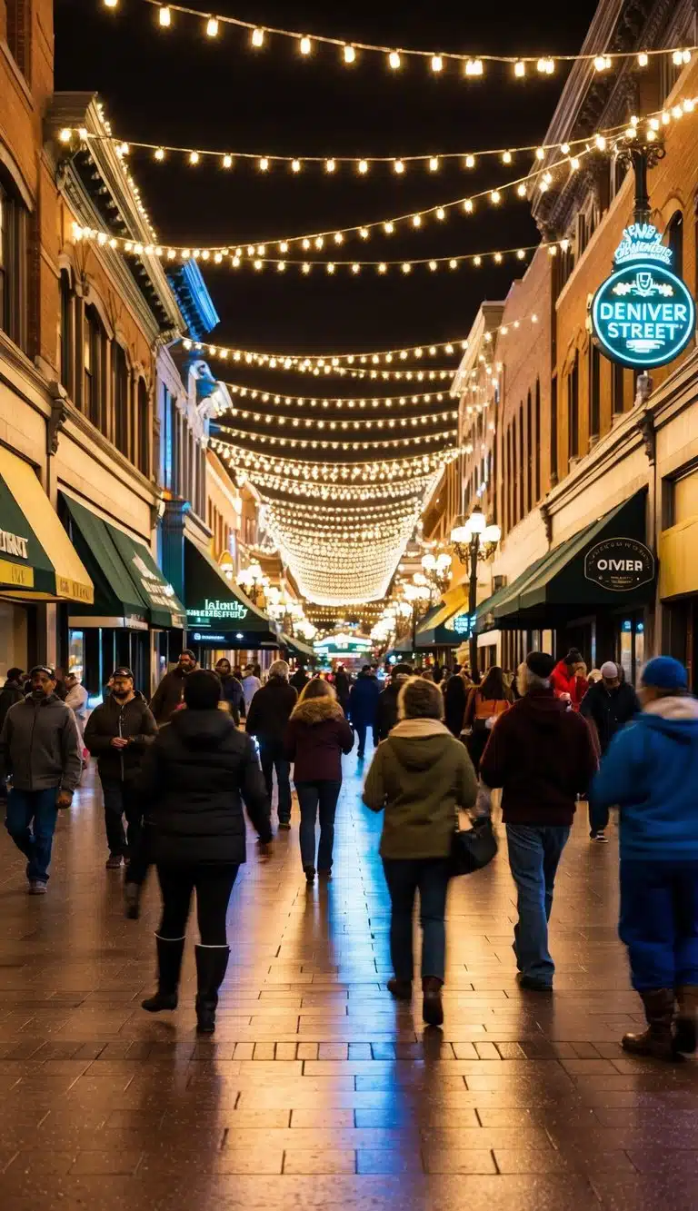 The 16th Street Mall in Denver, Colorado bustles with activity as visitors explore shops, restaurants, and street performers under the glow of twinkling lights