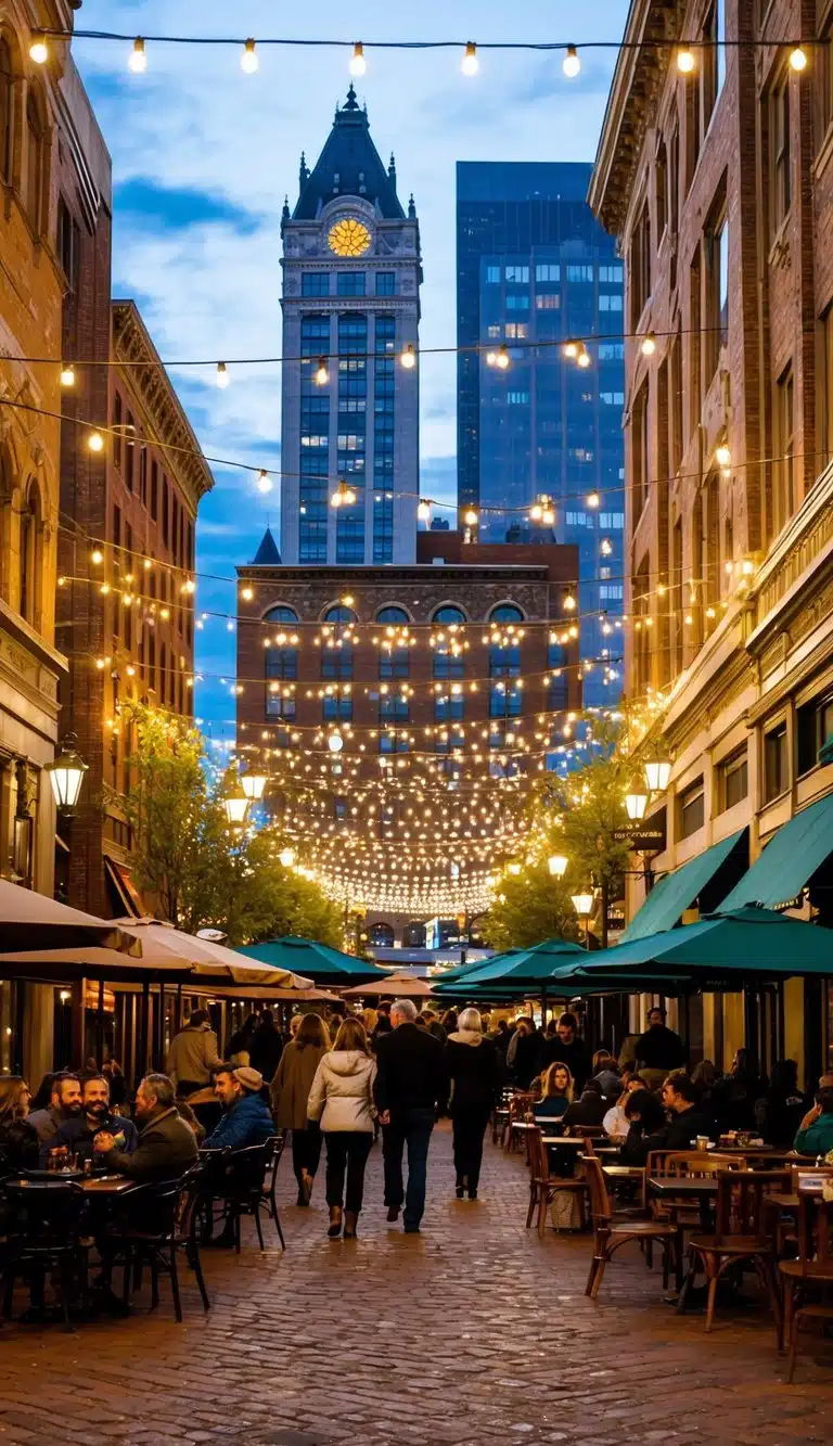 Larimer Square: historic buildings, string lights, outdoor cafes, bustling with people, shops, and restaurants