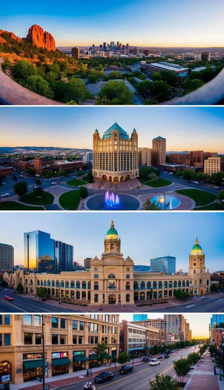 A panoramic view of Denver's top attractions, including the iconic Red Rocks Amphitheatre, the historic Larimer Square, and the bustling 16th Street Mall