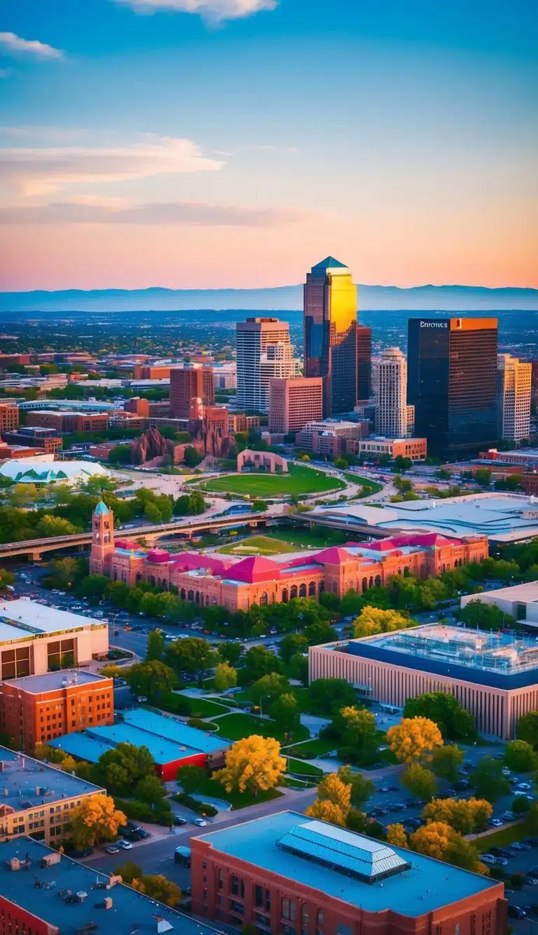 A vibrant cityscape with iconic landmarks such as the Denver Zoo, Red Rocks Park, and the Denver Art Museum surrounded by bustling neighborhoods