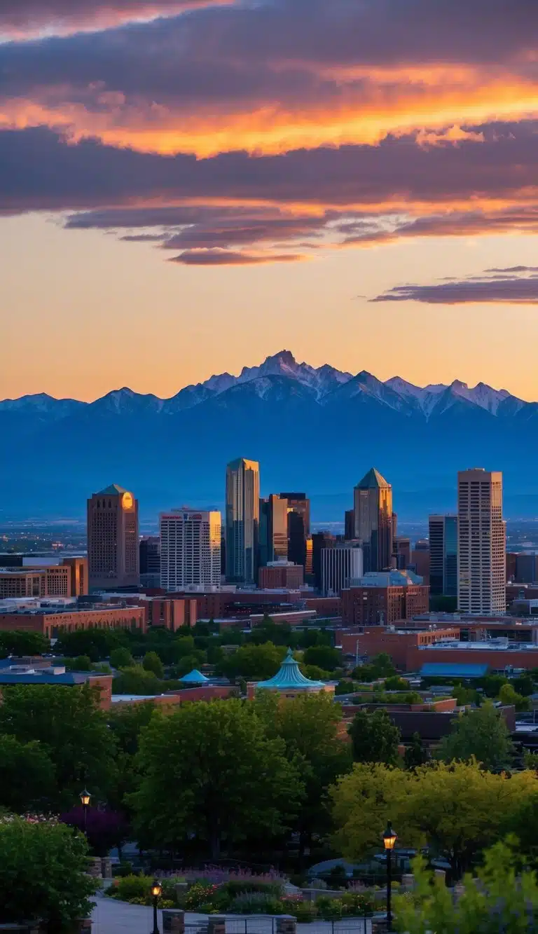 The sun sets behind the Rocky Mountains, casting a warm glow over Denver's top 10 attractions, from the bustling downtown to the serene Botanic Gardens