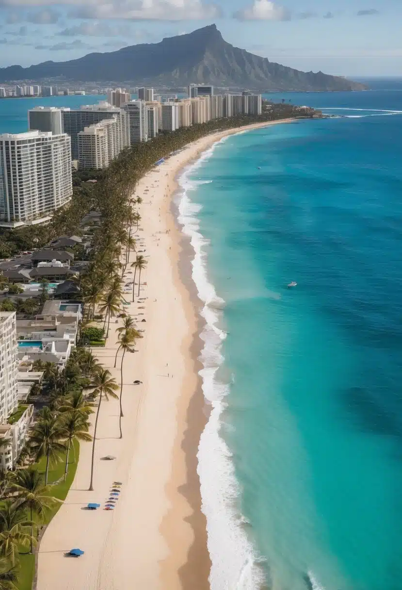Aerial view of Waikiki Beach with Diamond Head in the background, turquoise waters, and palm trees lining the shore