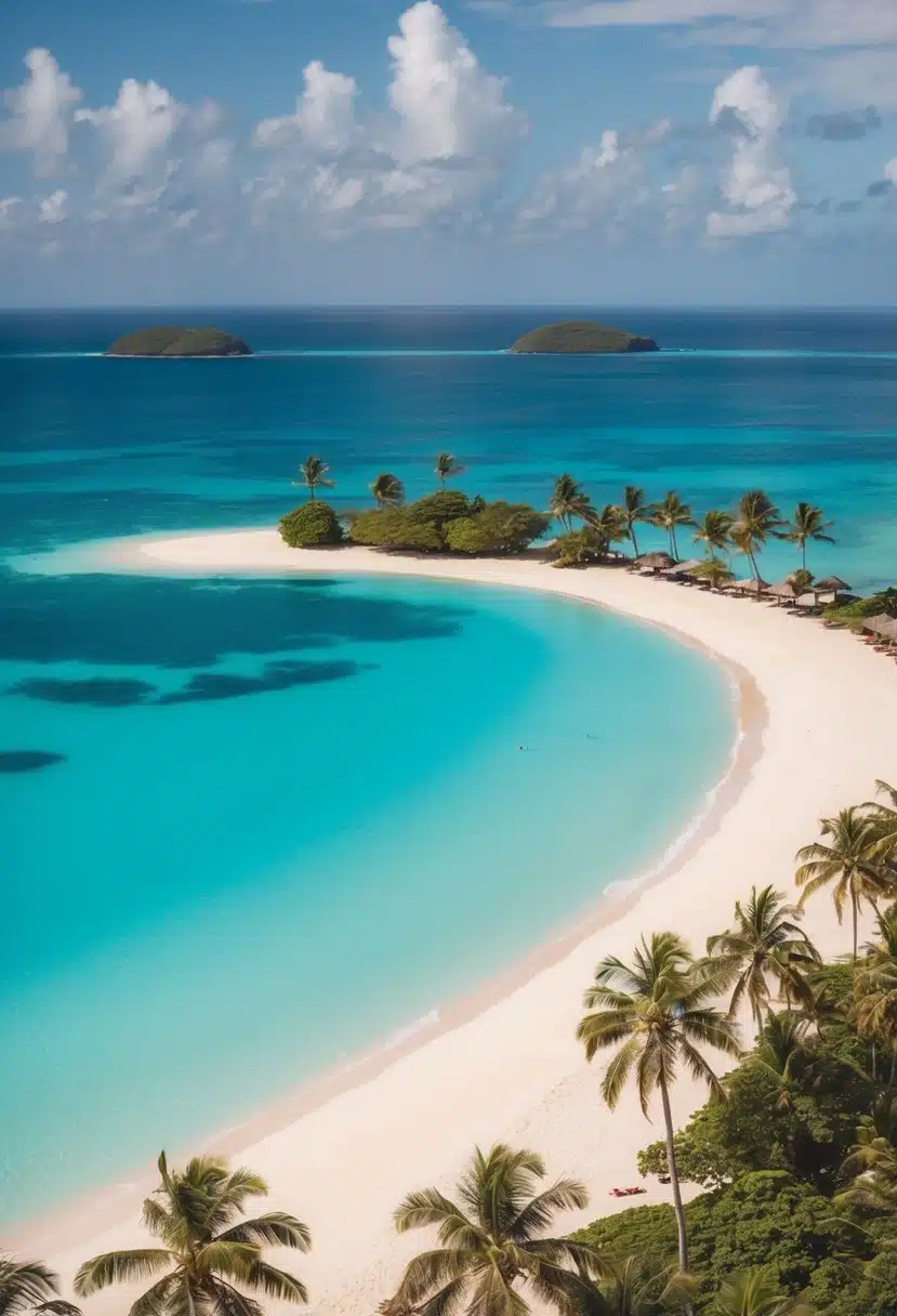 Aerial view of Lanikai Beach with turquoise water, white sand, palm trees, and two small islands in the distance